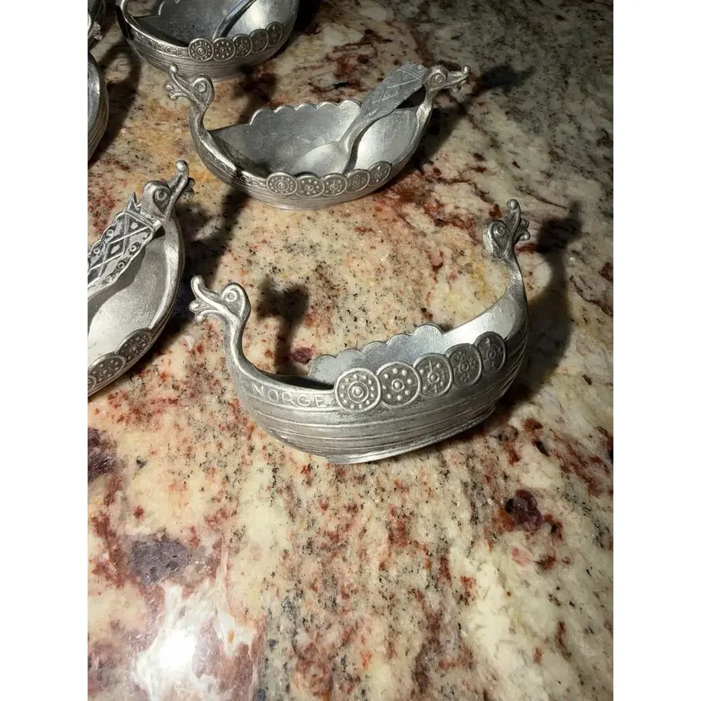Lot Vintage Handstopt TPB Tinn Pewter Norge Viking Ship Spoon 3” Salt Cellar